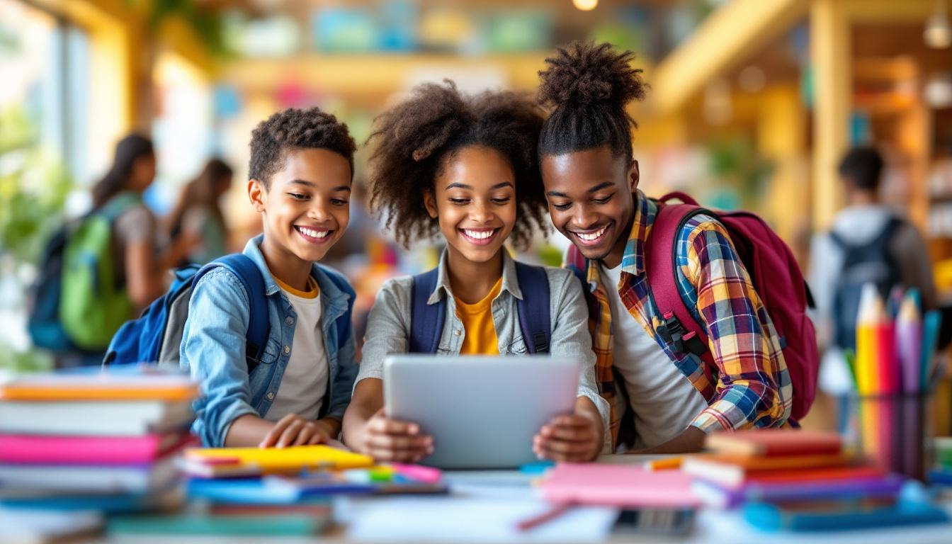 A photograph of a vibrant back-to-school scene featuring students joyfully selecting school supplies and technology