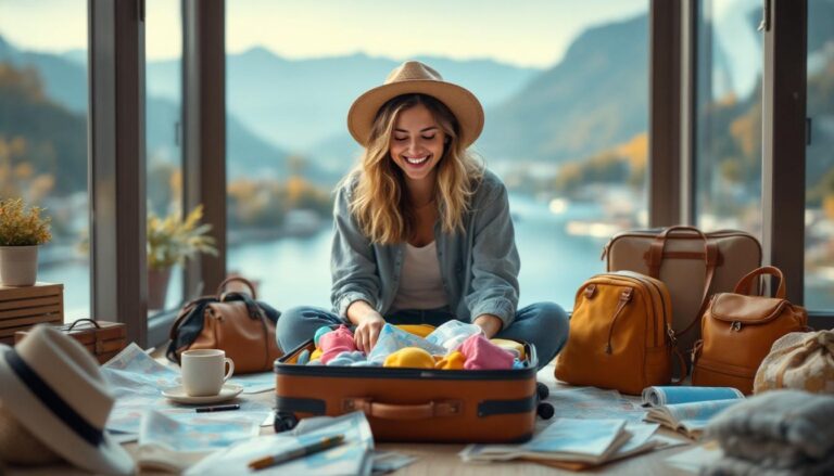A photograph of a traveler joyfully packing a suitcase with essentials for a short getaway