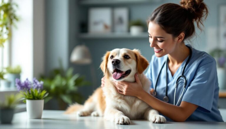 A photograph of a caring veterinarian examining a happy