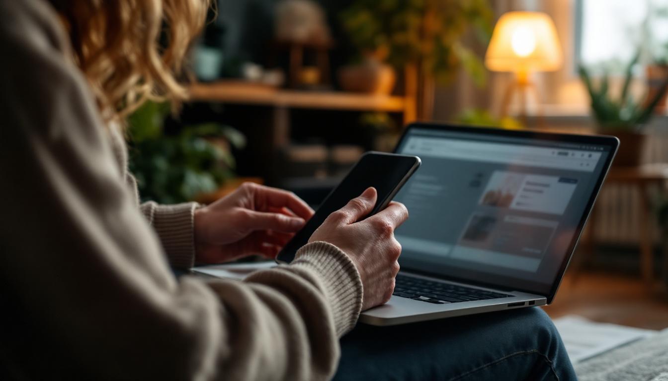 A photograph of a person comfortably using a laptop or smartphone in a cozy home setting
