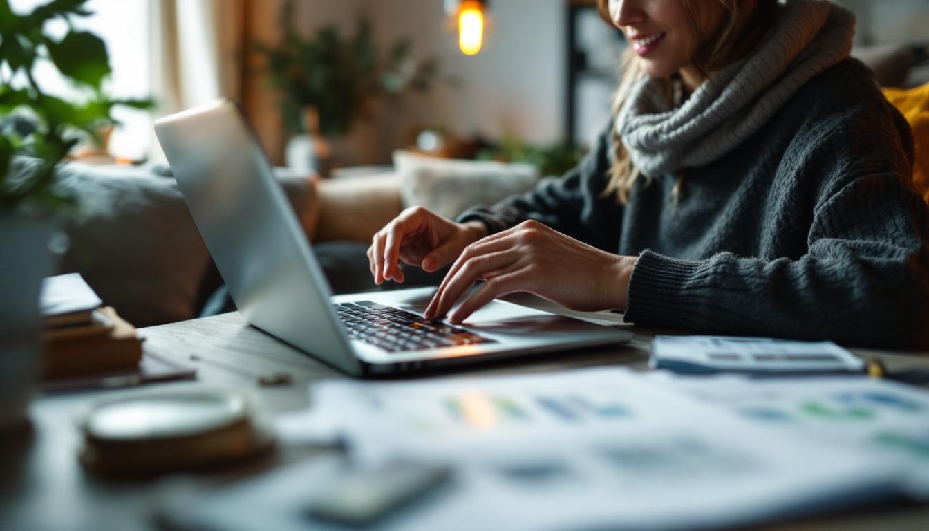 A photograph of a person comfortably using a laptop or smartphone in a cozy home setting
