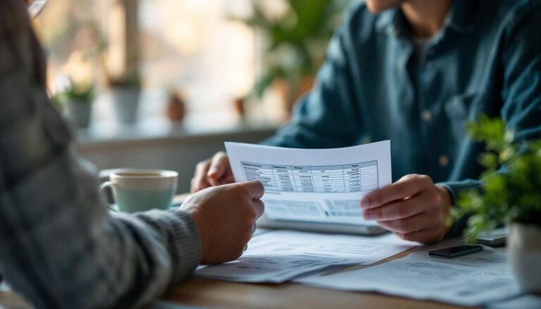 A photograph of a person thoughtfully reviewing financial documents at a cozy home workspace