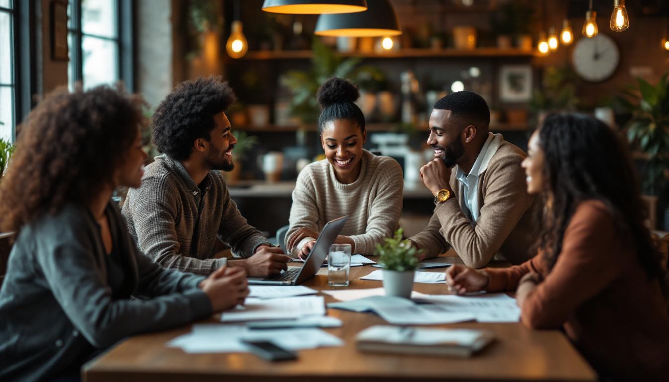 A photograph of a diverse group of people engaged in a discussion at a cozy café