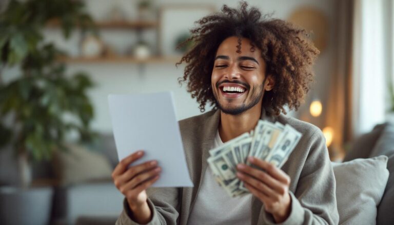 A photograph of a person looking relieved and satisfied while holding a stack of cash or a loan approval document in a cozy