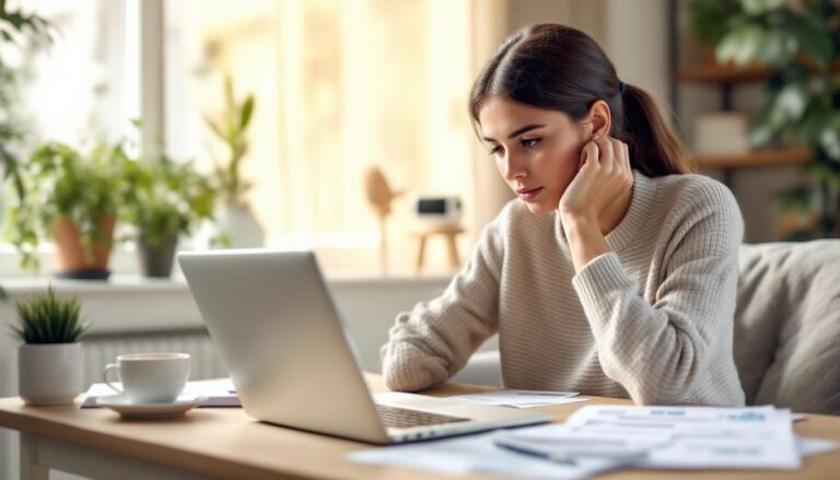 A photograph of a thoughtful individual reviewing financial documents at a cozy home workspace