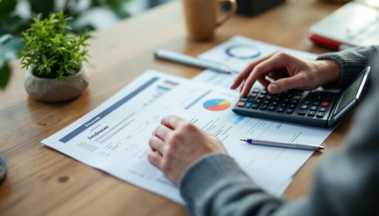 A photograph of a person thoughtfully reviewing their budget and financial documents at a cozy workspace