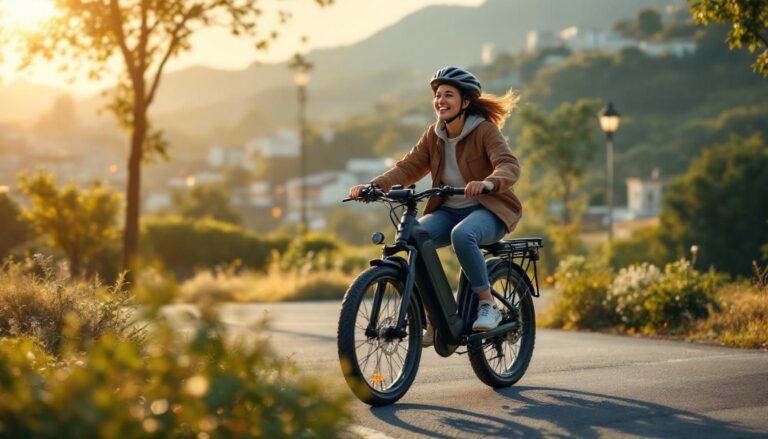 A photograph of a person joyfully riding an electric bicycle through a scenic urban landscape