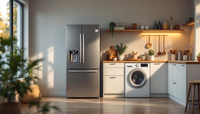 A photograph of a modern kitchen scene featuring a stylish refrigerator and washing machine