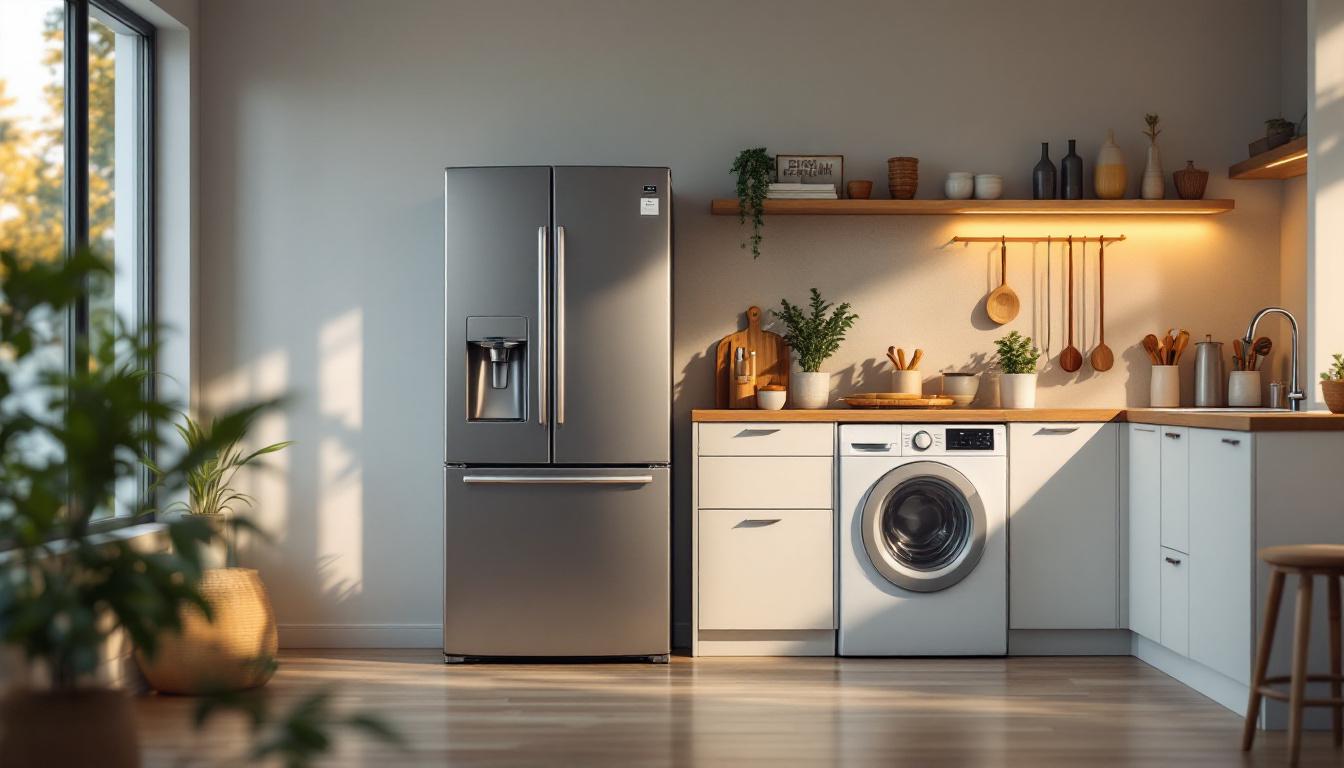 A photograph of a modern kitchen scene featuring a stylish refrigerator and washing machine