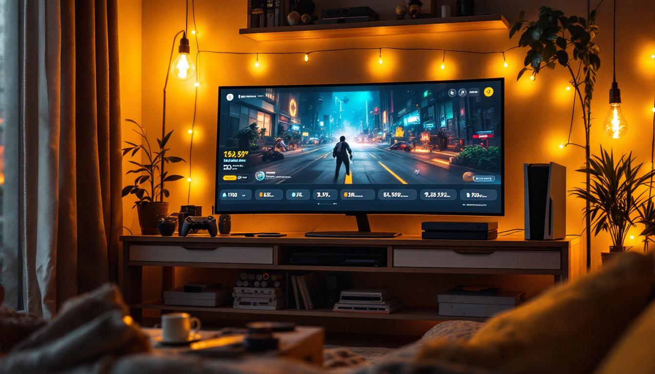 A photograph of a cozy gaming setup featuring a modern console