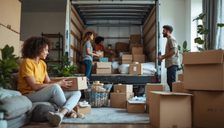 A photograph of a well-organized moving scene that includes essential moving equipment such as boxes
