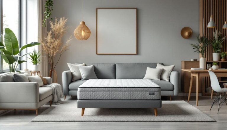 A photograph of a stylish living room setting featuring a comfortable sofa