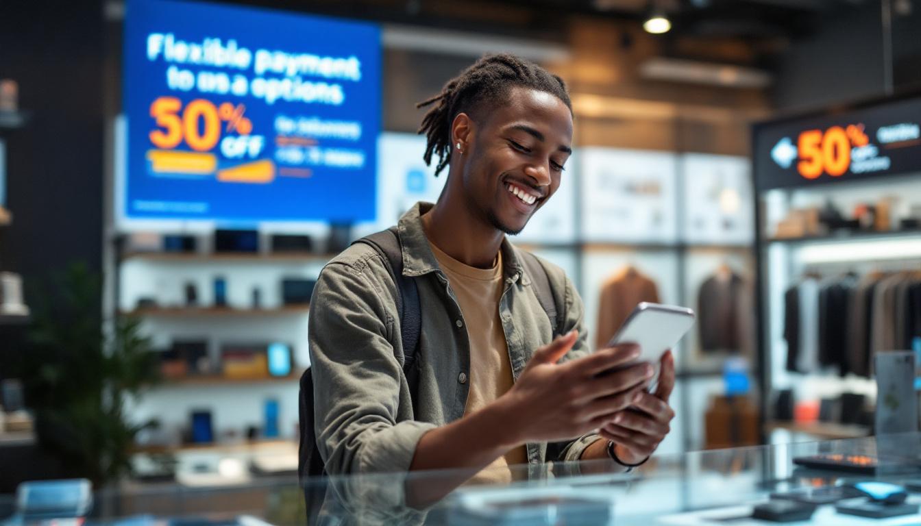 A photograph of a young person happily browsing a smartphone in a modern electronics store